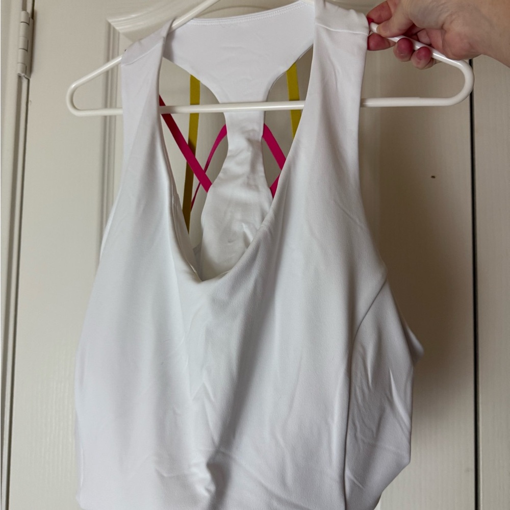 Fabletics White Tennis Skirt + Bra Top with multicolor straps